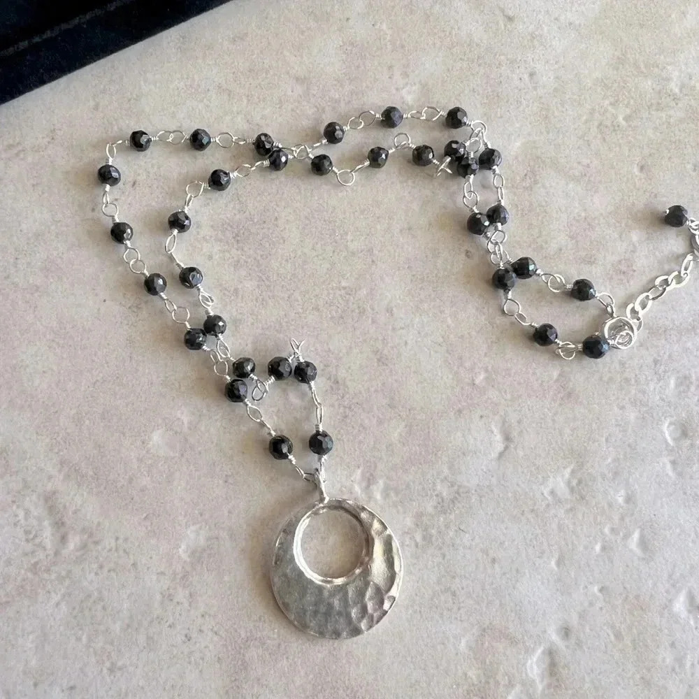 Black Spinel Necklace,Hill Tribe Silver,Hammered Disc Hoop - Picture 2 of 2